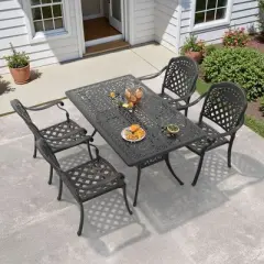 5-Piece Cast Aluminum Patio Set - Heavy Duty Rust-Proof Outdoor Dining Table & Chairs with Red Cushions, Umbrella Hole for Backyard, Poolside