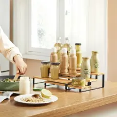 SONGMICS Spice Rack, Set of 2 Cabinet Shelf Organizers, 3-Tier Extendable Spice Holder, Bamboo, Cupboard, Countertop