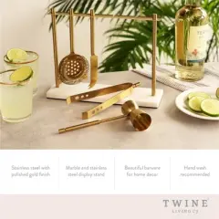 Twine Gold Barware Set, Hawthorne Strainer, Citrus Knife, Ice Tongs, Double Jigger, Marble Stand, Stainless Steel with Gold Finish, Set of 4