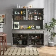 Famapy 61.2"W Gray Storage Cabinet Buffet Hutch Kitchen Pantry Cabinet with Ornate Base Trim: Blend of Elegance and Utility