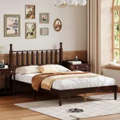Full/King Size Wood Platform Bed with Gourd Headboard, Retro Style Bed Frame, No Box Spring Needed, Walnut - ModernLuxe