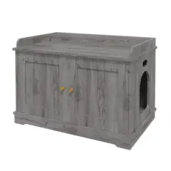 Modern Wooden Hidden Cat Litter Box Enclosure w/Barn Doors - Ventilated Large Capacity Pet House & Storage Bench