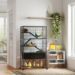 PawHut 59" 5-Level Small Animal Cage, Rolling Ferret Chinchilla Cage with Slide Out 6.3" Deep Tray, Non-Slip Cloth Covered Ramps, Hammock, Dark Gray