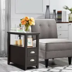 Costway Set of 2 End Bedside Table Rectangular Nightstand W/ 2 Drawers & Shelf Espresso