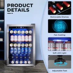 R.W.FLAME 4.5 Cu.Ft Beverage Fridge, 145-Can Mini Cooler with Glass Door for Soft Drinks, Freestanding with Adjustable Shelving