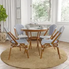 Merrick Lane Mael Bistro Style Table with Glass Top, Textilene, 4 Stack Chairs, and Bamboo Finished Metal Frame for Indoor/Outdoor Use