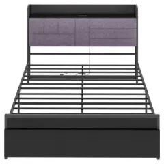 Full Bed Frame with Headboard and Storage, Heavy Duty Bed Frames with 2 Storage Drawers, Black Bedframe with Charging Station, No Box Spring Needed
