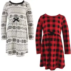 Touched by Nature Big Girls and Youth Organic Cotton Long-Sleeve Dresses 2pk, Buffalo Plaid