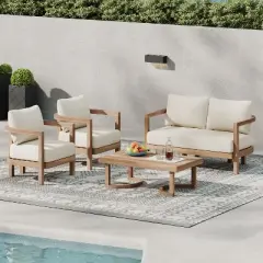 Christopher Knight Home Aston Outdoor Acacia Wood 4 Seater Chat Set with Cushions, Beige and Brown Wash