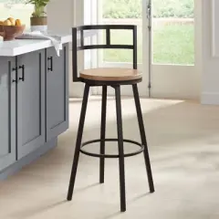 Elm Lane Matte Black Bar Stool 25 1/4" High Industrial Gray Wood with Backrest Footrest Kitchen Counter Height Island Home Shed