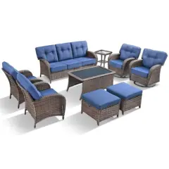 Belord Brown Wicker 9 Piece Patio Furniture Set with 5" Thick Cushions, Outdoor Patio Furniture Set with Swivel Gliding Rocker Chairs and Club Chairs