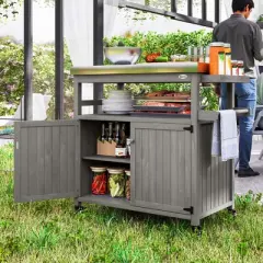 Outsunny Outdoor Grill Cart w/ Wheels and Storage Cabinets, Solid Wood Outdoor Kitchen Island w/ Stainless Steel Top, Integrated Hole