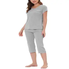 cheibear Womens Sleepwear Pajama Set Nightwear Round Neck Loungewear with Capri Pants