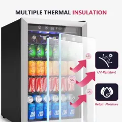 Simzlife 150 Can Beverage Refrigerator, 4.5 cu. ft. Mini Fridge, Adjustable Temperature Control, Glass Door, LED Light, Quiet Energy Efficient, Silver