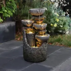 LuxenHome 25" Small Water Fountain Outdoor, Cascading Bowl Garden Water Features with LED Lights Gray