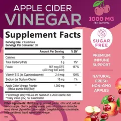 Vegan Apple Cider Vinegar Gummies 1000mg - Sugar Free ACV Vitamins Supplement - Gelatin-Free, Vegan, Non-GMO - 120 Gummies By Nature's Nutrition