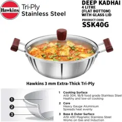 Hawkins 4L Tri Ply Stainless Steel Induction Compatible Deep Fry Pan Kadhai with Glass Lid: Hand Wash, Gas & Induction Safe