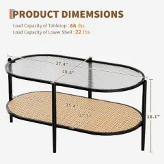 Coffee Table, 37 Inch Oval Double Tiered Cocktail Tea Table Farmhouse Rattan Coffee Table with Storage Shelf for Living Room