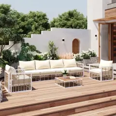 GDFStudio Dean Outdoor Metal and Rattan 6-Seater Upholstered&nbsp;Seating Set with Coffee Table