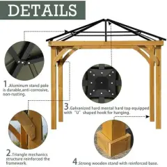 Aoodor Patio Solid Wooden Gazebo 10 x 10 ft. Hardtop Roof for Garden