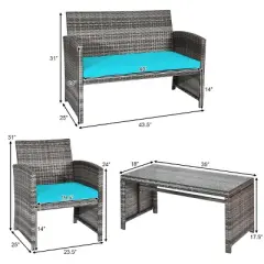 Tangkula 4-Piece Outdoor Patio Furniture Set Rattan Wicker Conversation Sofa Set W/Cushions Turquoise