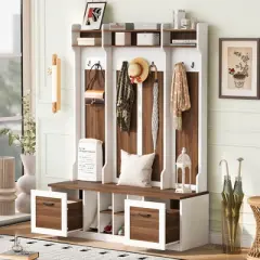 TIRAMISUBEST 5-in-1 Entryway Bench with Coat Rack - Brown+White Entryway Organizer with Storage