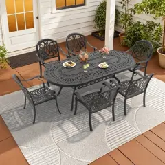 7-Piece Cast Aluminum Outdoor Dining Set: Oval Table, Stackable Chairs & Brown Cushions - All-Weather Patio Furniture for Your Backyard