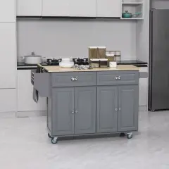 HOMCOM Rolling Kitchen Island on Wheels Utility Cart with Drop-Leaf and Rubber Wood Countertop, Storage Drawers, Door Cabinets, Dark Gray