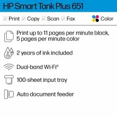 HP Smart Tank 651 Wireless All-In-One Color Refillable Supertank Printer, Scanner, Copier (7XV38A)