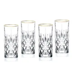 Lorren Home Trends Siena Collection Set of 4 Crystal Water, Beverage, or Ice tea Glass with gold band design