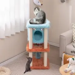 Tangkula Monster-Themed Cat Tree w/ Private Condo Soft Long Plush Sisal Scratching Posts