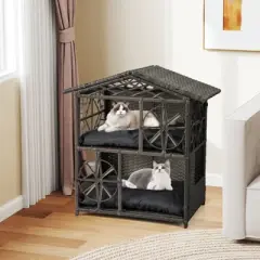 Tangkula Outdoor Rattan Cat House 2-Tier Wicker Windows Removable Cushions Large Entrance