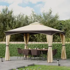 Outsunny 10.5' x 12' Outdoor Gazebo with Mesh Netting Sidewalls for Shade and Rain, Patio Gazebo Canopy with 2-Tier Soft Top Roof and Steel Frame