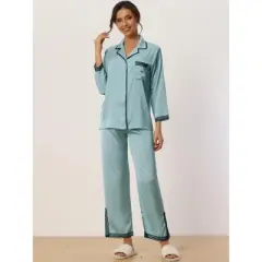 cheibear Women's Satin Lace Long Sleeve Button-Down Shirt with Pants Pajama Sets 2 Pcs