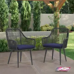 SUGOLD Outdoor Patio Dining Chairs Set of 2, Woven Rattan Chairs with Armrests & Cushions Kitchen Wicker Dining Chairs