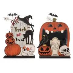 Transpac Plywood Pumpkin Tombstone Decor Set of 2 Halloween Home Decorations for Spooky Seasonal Decor