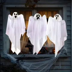Joyfy 3Pcs Halloween Hanging Ghosts Outdoor Decorations, 27.5in White Flying Ghost Halloween Party Decor for Front Yard Patio Lawn Garden Trees