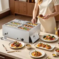 VEVOR Commercial Food Warmer, 1500W Electric Stainless Steel Steam Food Warmer with Lid, 6-Pan Fast Heating Countertop Buffet Bain Marie, Silver