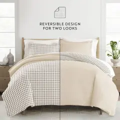 Gingham Check 3PC Duvet Cover Set - Modern Natural Pattern, Zippered Closure, Easy Care - Becky Cameron