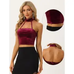 Allegra K Women's Party Tanks Punk Sleeveless Gothic Velvet Halter Cold Shoulder Camis Crop Tops