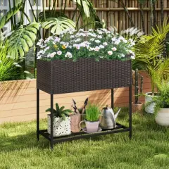 Tangkula Elevated Planter Box Raised Garden Bed w/ Rattan Surface Bottom Storage Shelf