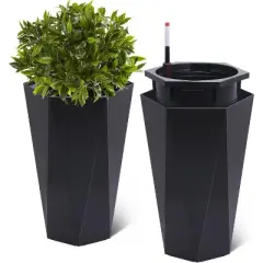 Acekool Set of 2 Self-Watering 16" Tall Planters with Wheels, Water Level Monitor, Large Indoor Outdoor Flower Pots, Drainage, Black
