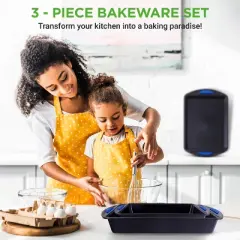 Nutrichef 3 Piece Baking Pan Set - PFOA, PFOS, PTFE Free Flexible Nonstick Carbon Steel Bakeware Set - Home KitchenBake Pan Cookie