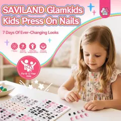 Saviland Kids 7-Day Press-On Nails Kit - 168PCS Pre-Glued Sweet & Edgy Designs for Girls 8-12 Years with Adhesive Tabs (GlamKids Collection)