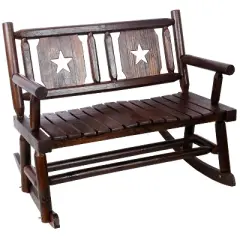 MOEPISY Outdoor Wood Rocking Bench Carbonized Double Rocking Chair For 2 Persons With Wide Curved Seat