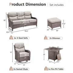 Gymojoy 6 Pieces Outdoor Patio Wicker Sofa Swivel Chair Ottoman with 6 Inch Cushions and Fire Pit Table