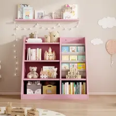 Wooden Toy Storage Organizer Cabinet Kids Bookshelf Children Bookcase Toddler Baby Sling Book Rack Shelf for Playroom Bedroom Nursery Hallway School