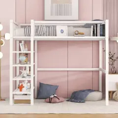 Metal Twin Size Loft Bed with 4 Shelves and Storage - ModernLuxe