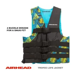 Kwik Tek Airhead Tropic US Coast Guard Approved Type III Family Adult Life Vest Jacket with 4 Quick Release Belts, 2XL/3XL, Blue/Yellow