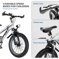Gulches 20 Inch Kids Mountain Bike for Boys & Girls Ages 7-12， 7-Speed Gears, Dual Disc Brakes，Silver